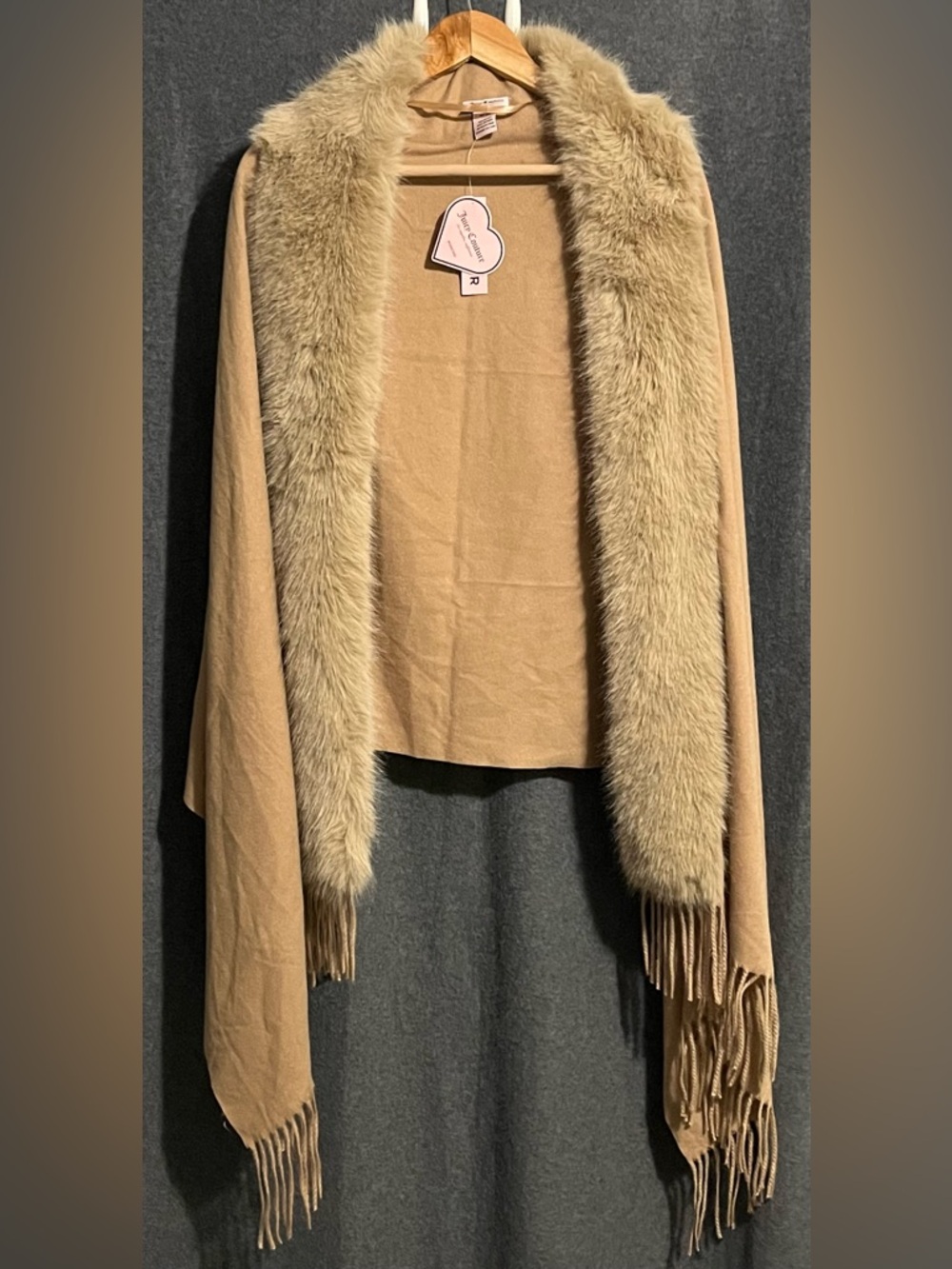 Juicy Couture Camel Faux-Fur Trim Shawl Poncho
